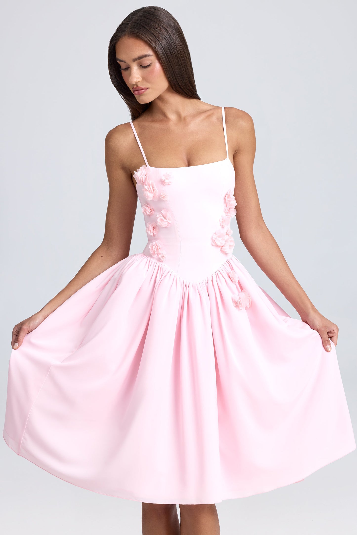 Floral-Appliqu�� Midi Dress in Blush