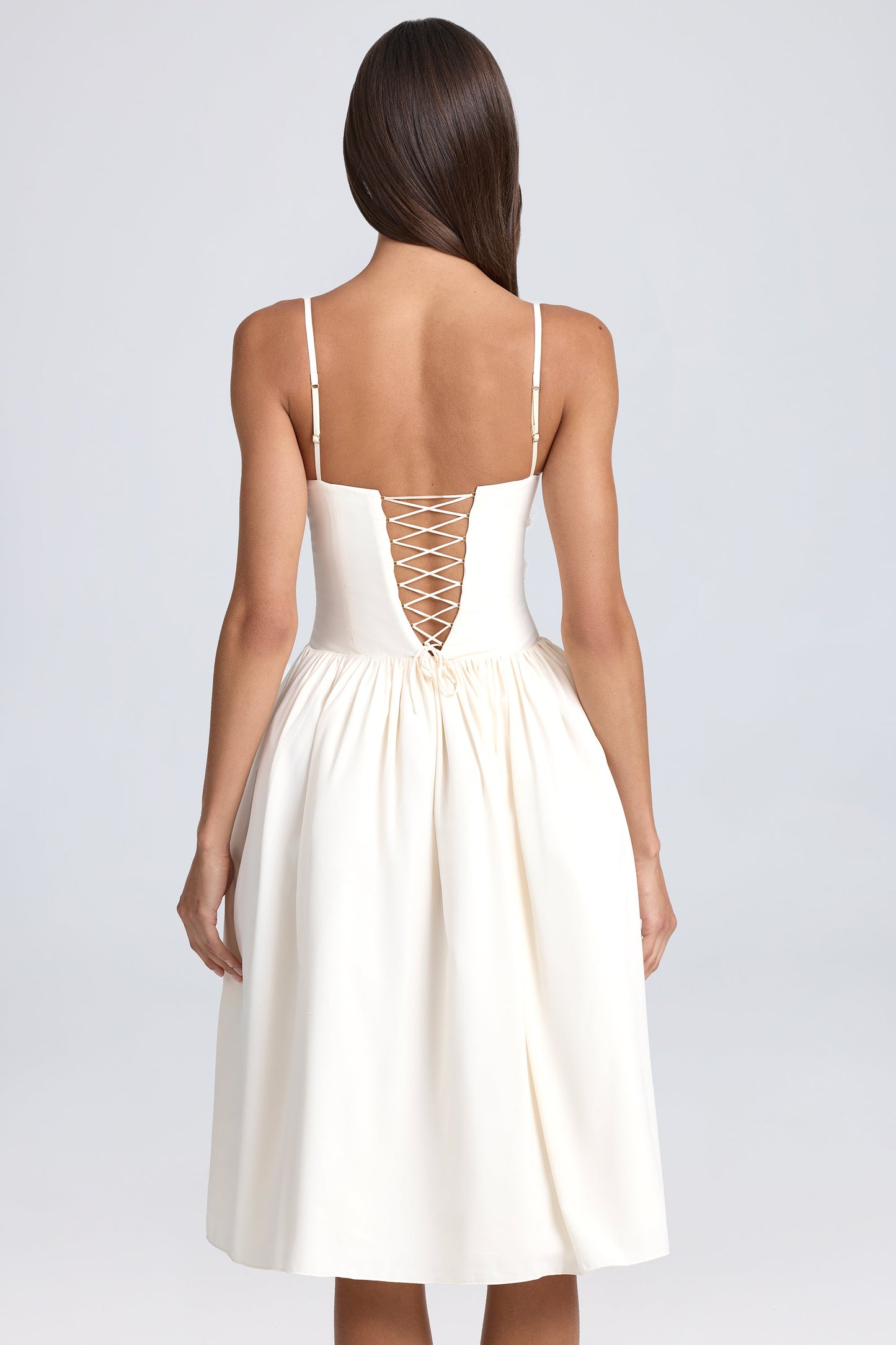 Floral-Appliqu�� Midi Dress in Ivory