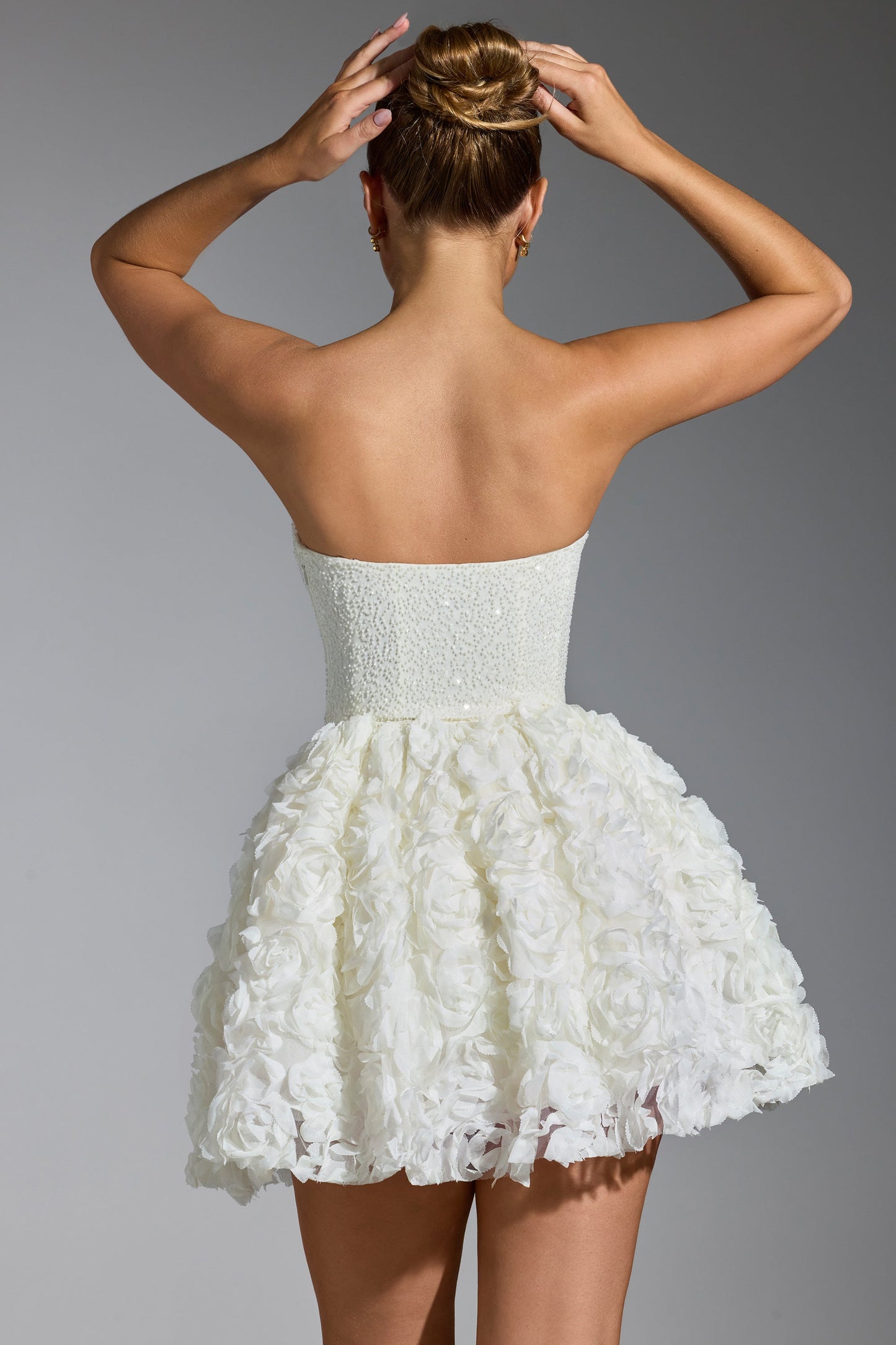 Embellished Floral-Appliqu�� Lace-Up Mini Dress in White