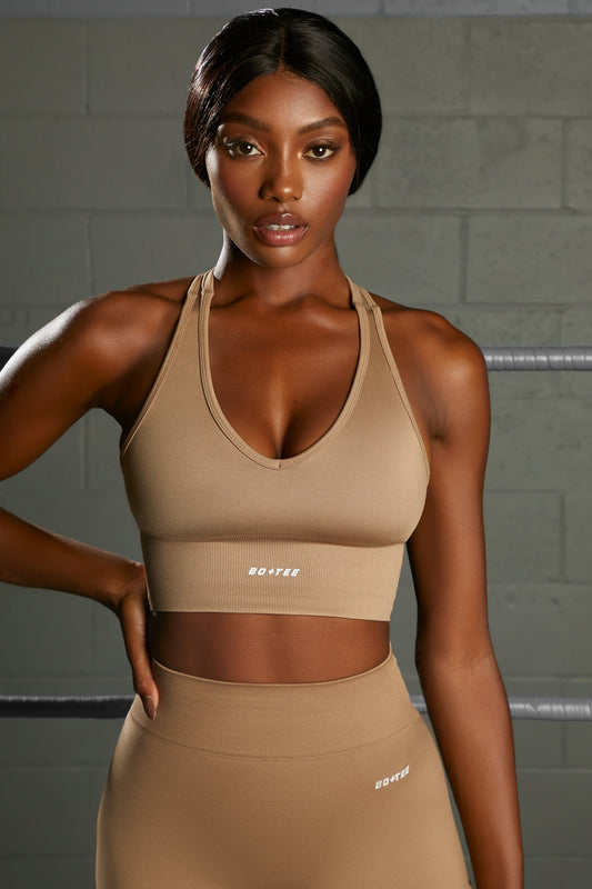 Overhaul Racer Knot Back Seamless Crop Top in Brown