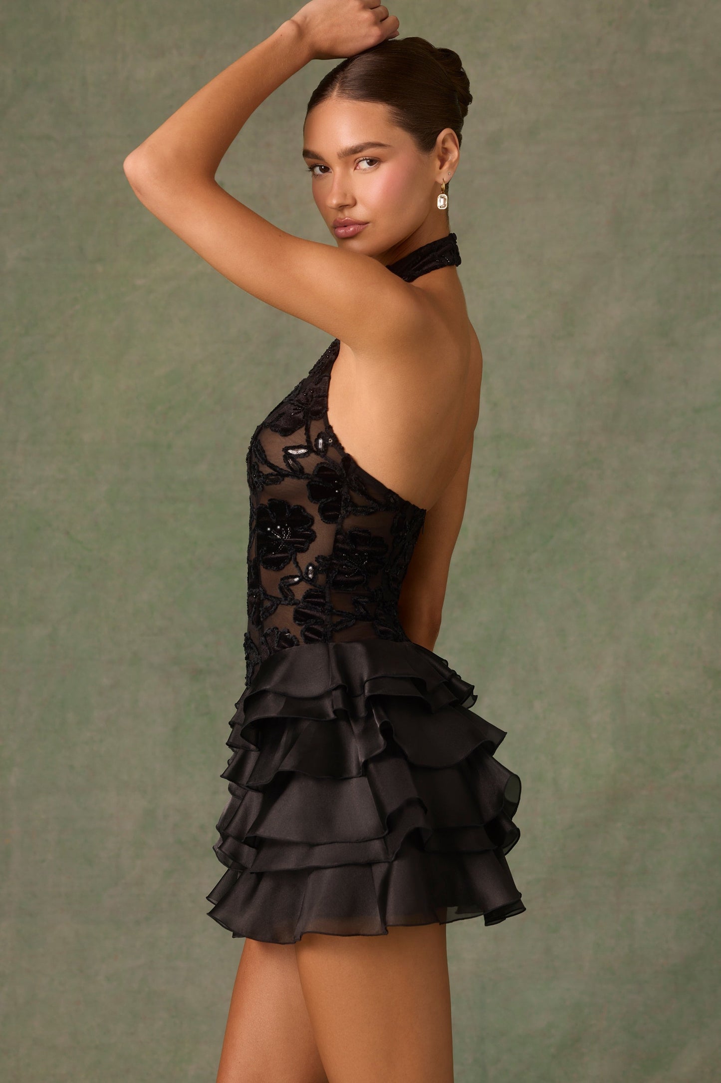 Embellished Ruffled Halterneck Mini Dress in Black