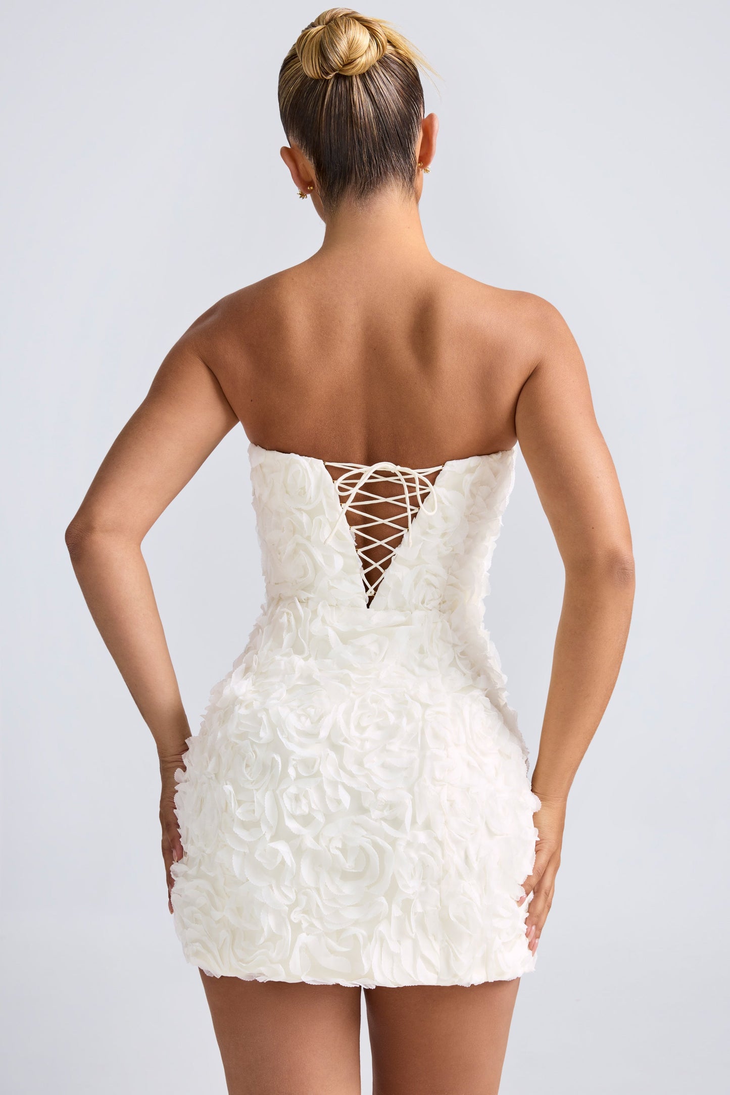 Floral-Appliqu�� Bandeau A-Line Mini Dress in White