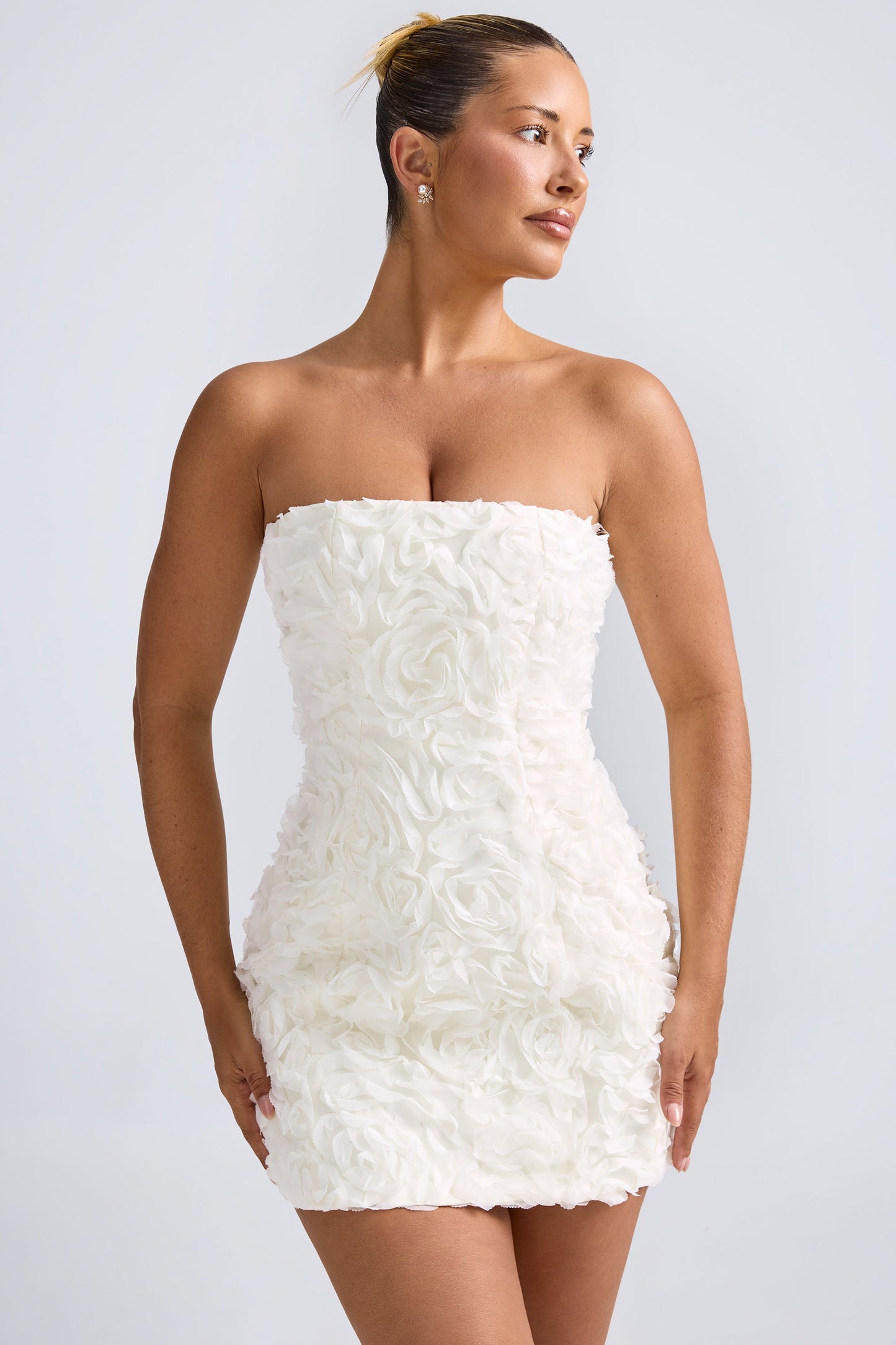 Floral-Appliqu�� Bandeau A-Line Mini Dress in White