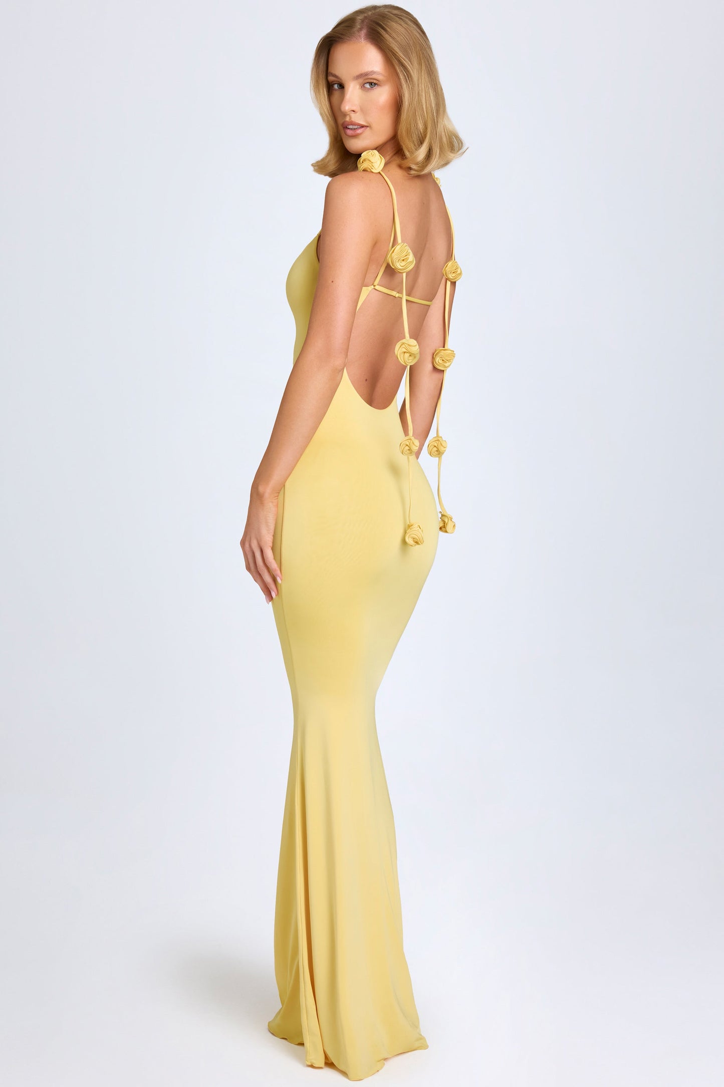 Slinky Jersey Floral-Appliqu��?Gown in Pastel Yellow