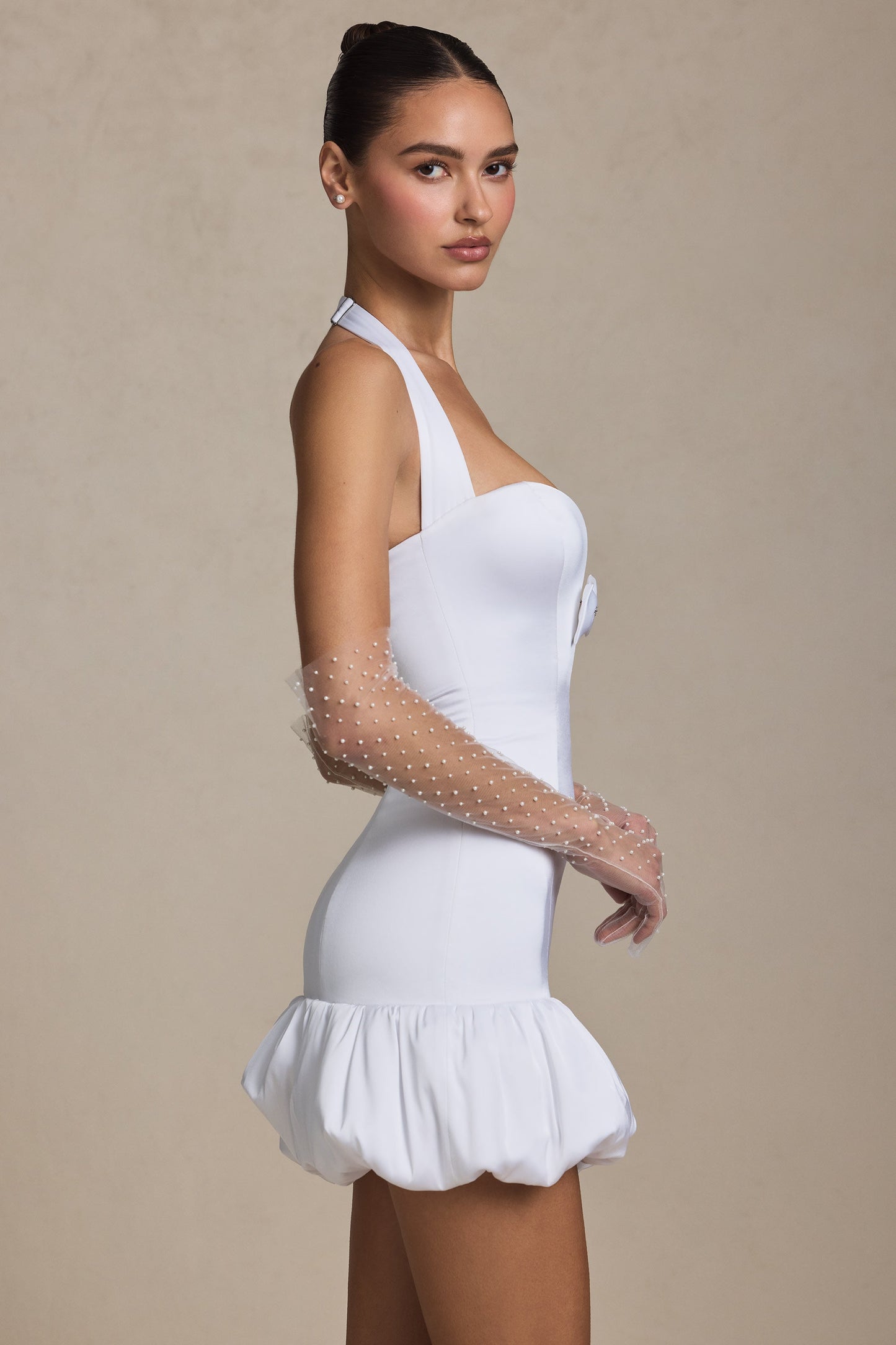 Bow-Detail Halterneck Bubble Hem Mini Dress in White