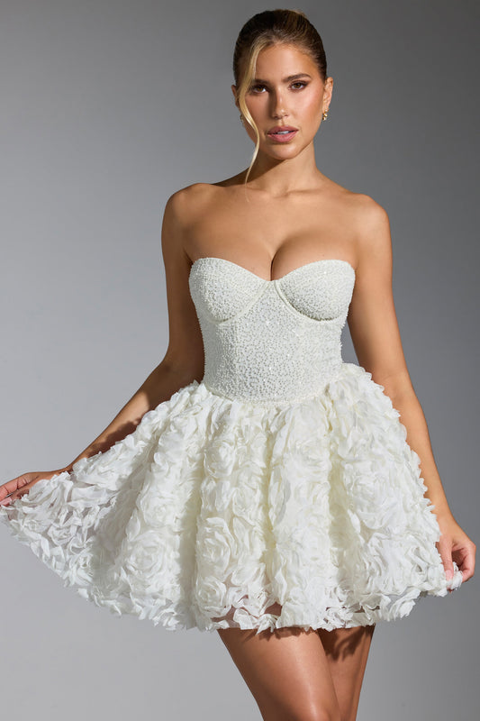 Embellished Floral-Appliqu�� Lace-Up Mini Dress in White