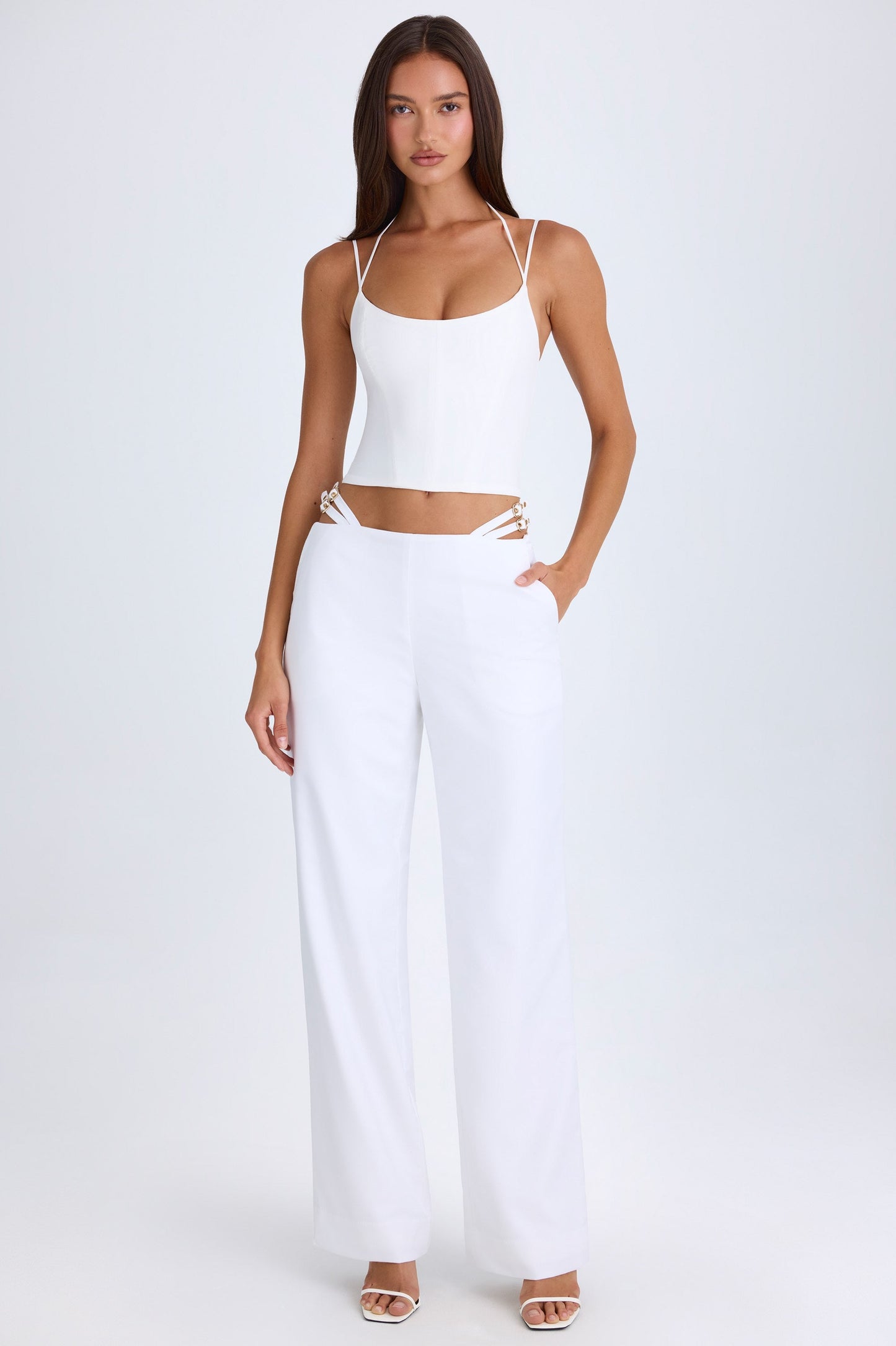 Belted Cut-Out Wide-Leg Trousers in White
