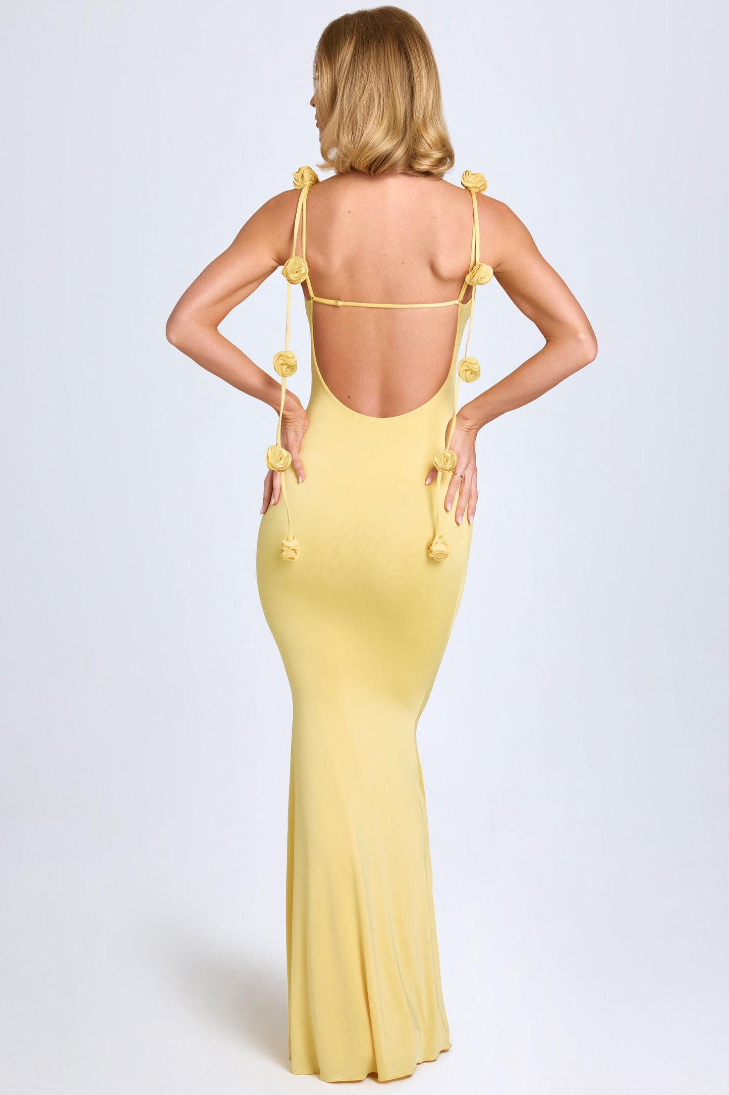 Slinky Jersey Floral-Appliqu��?Gown in Pastel Yellow