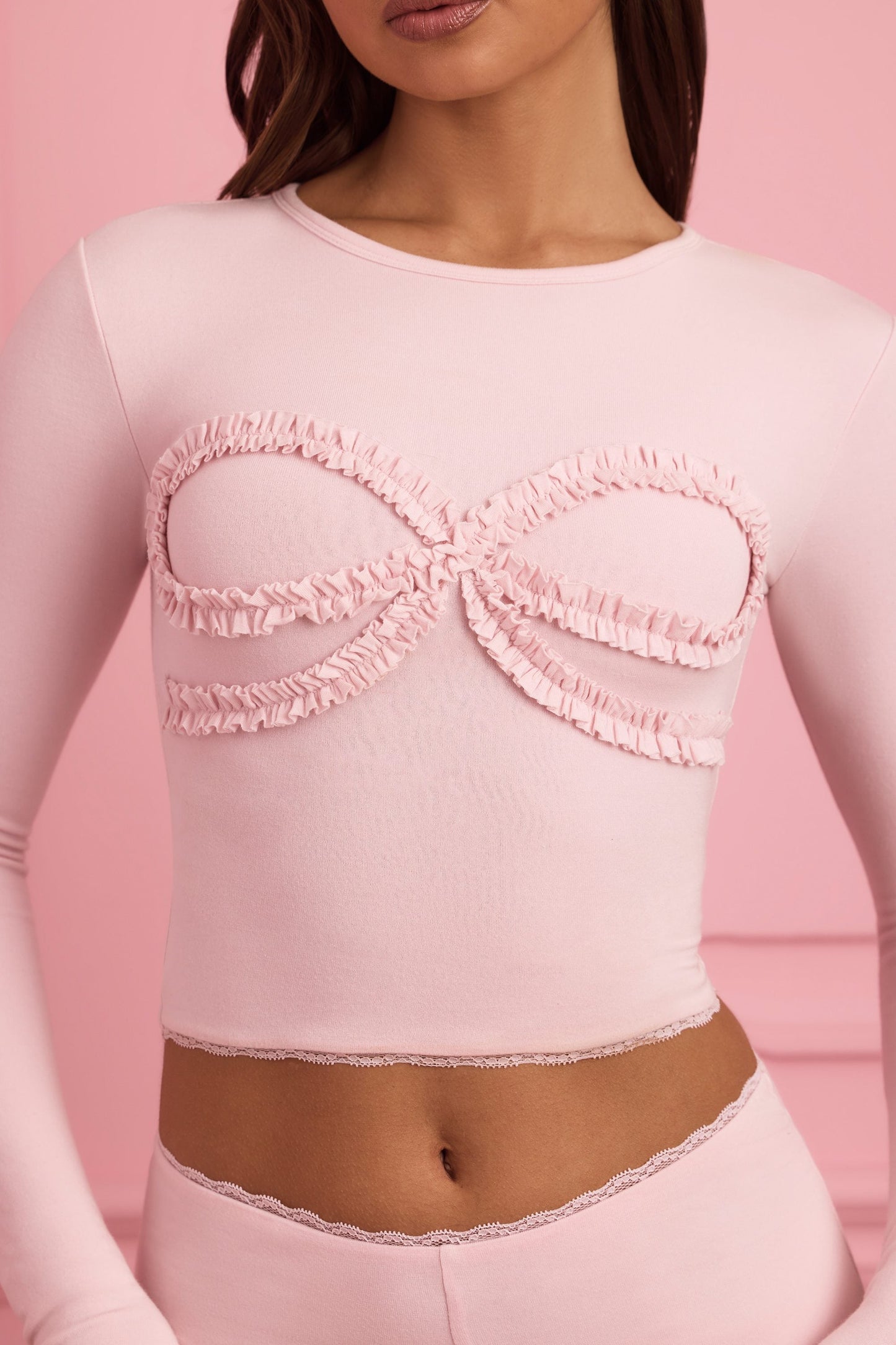 Lace-Trim Appliqu�� Pyjama Top in Baby Pink